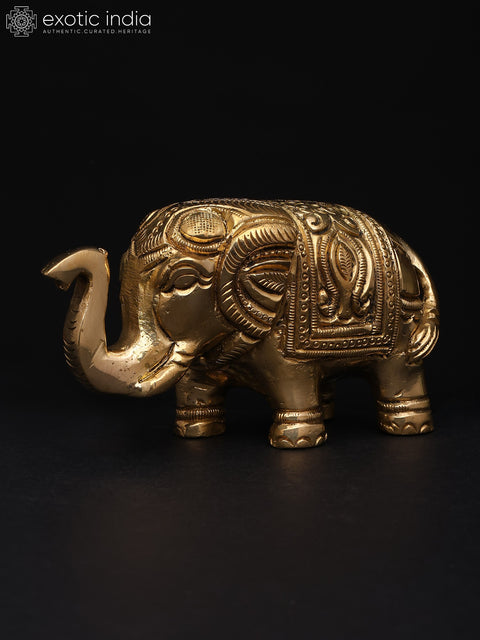 4" Small Decorative Elephant with Intricate Carvings | Brass Sculpture