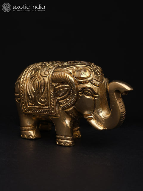 4" Small Decorative Elephant with Intricate Carvings | Brass Sculpture