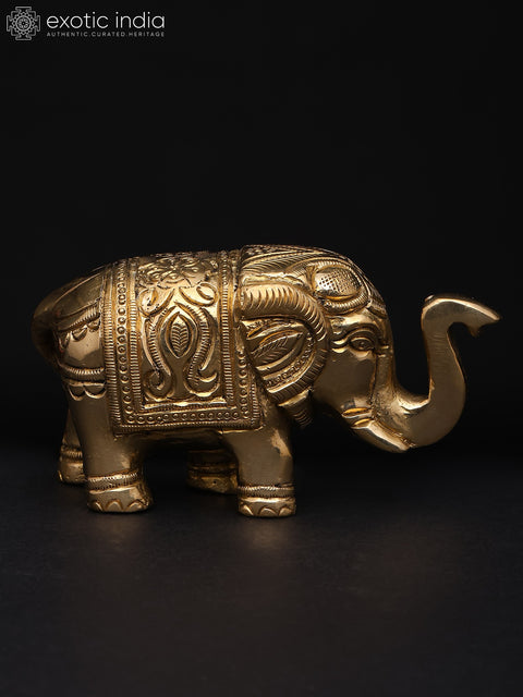 4" Small Decorative Elephant with Intricate Carvings | Brass Sculpture