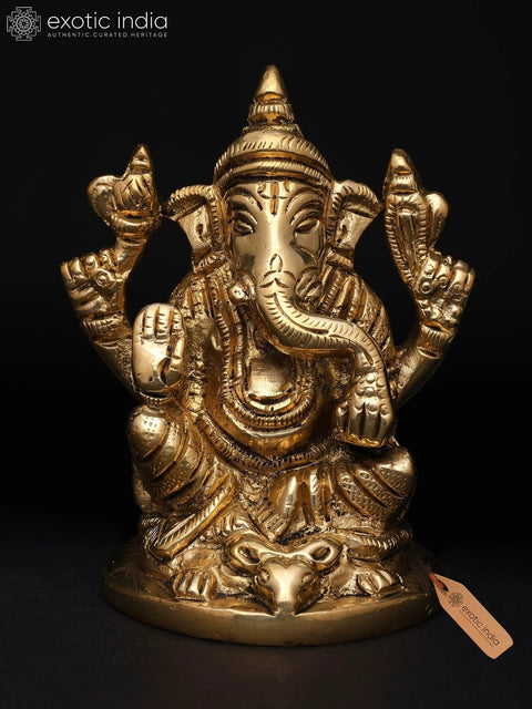 3" Small Lord Ganesha Seated on Mushak Ð The Divine Four-Armed Form | Brass Sculpture