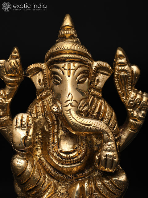 3" Small Lord Ganesha Seated on Mushak – The Divine Four-Armed Form | Brass Sculpture