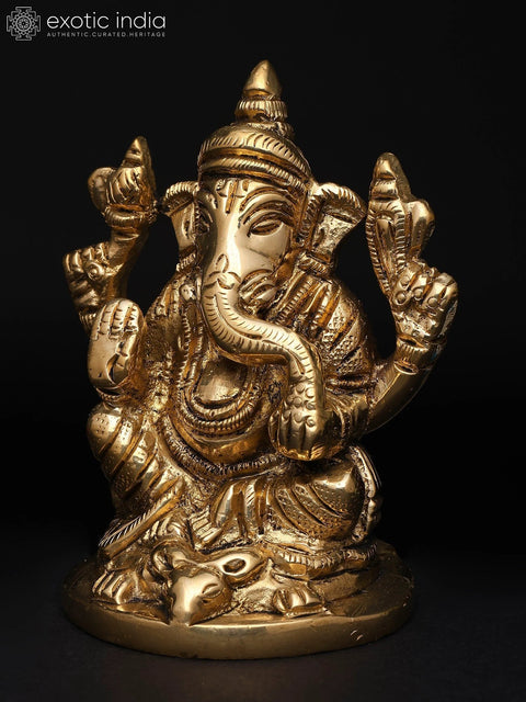 3" Small Lord Ganesha Seated on Mushak Ð The Divine Four-Armed Form | Brass Sculpture