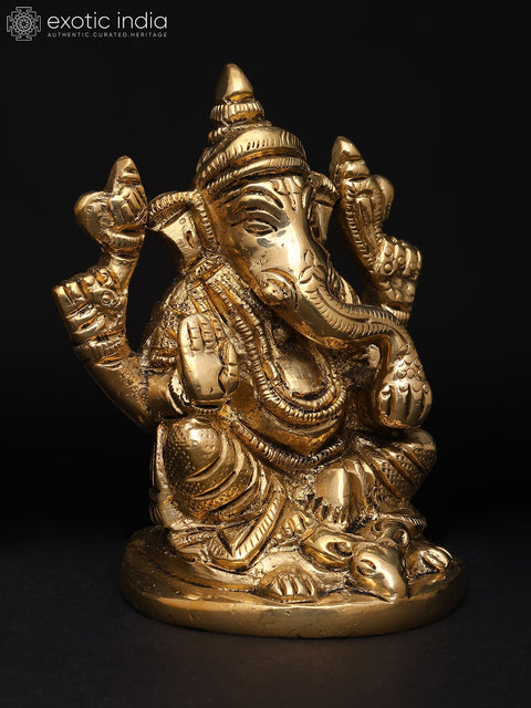 3" Small Lord Ganesha Seated on Mushak – The Divine Four-Armed Form | Brass Sculpture