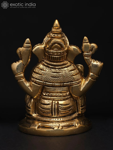 3" Small Lord Ganesha Seated on Mushak Ð The Divine Four-Armed Form | Brass Sculpture