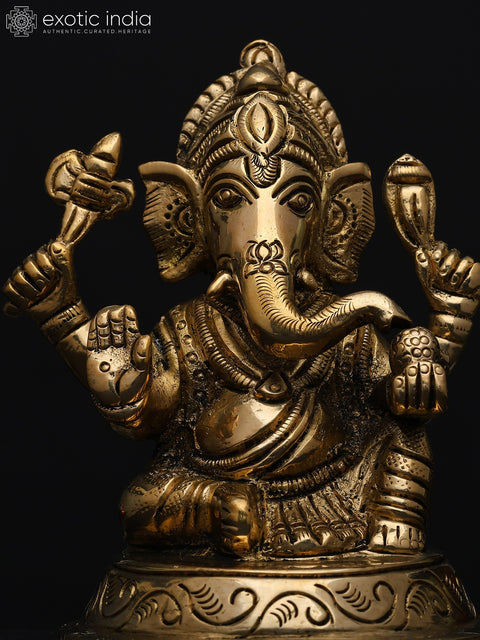 3" Small Lord Ganesha Seated on Mushak – The Divine Four-Armed Form | Brass Sculpture