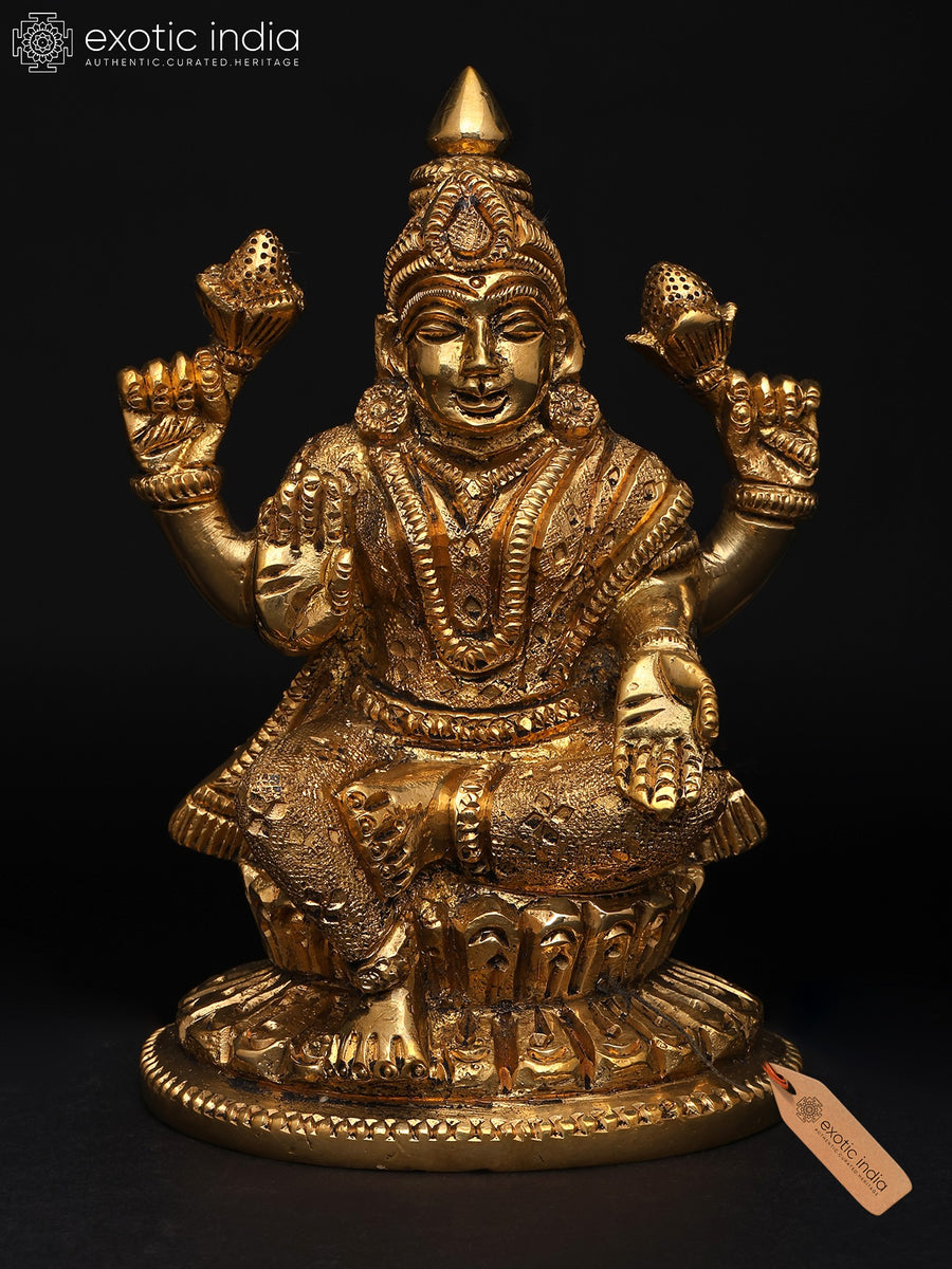 5" Brass Goddess Lakshmi Seated Blessing Statue with Four Arms
