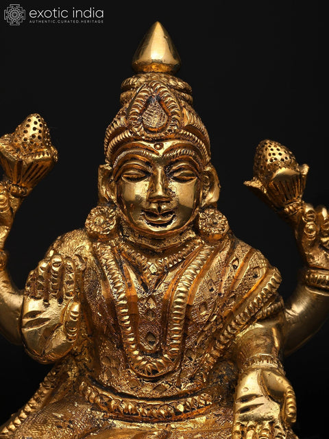5" Small Goddess Lakshmi Seated in Blessing Gesture with Four Arms | Brass Statue