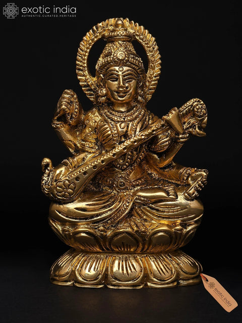 3" Small Goddess Saraswati Ð The Divine Muse of Knowledge | Brass Sculpture