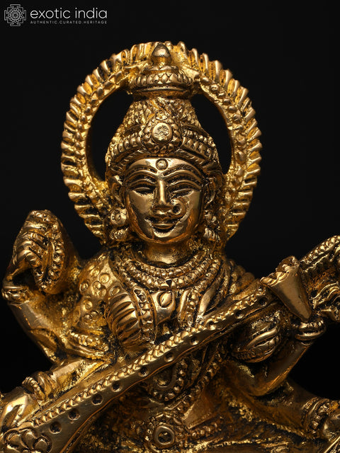 3" Small Goddess Saraswati – The Divine Muse of Knowledge | Brass Sculpture