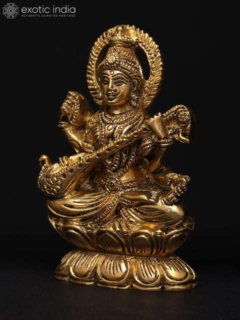 3" Small Goddess Saraswati – The Divine Muse of Knowledge | Brass Sculpture