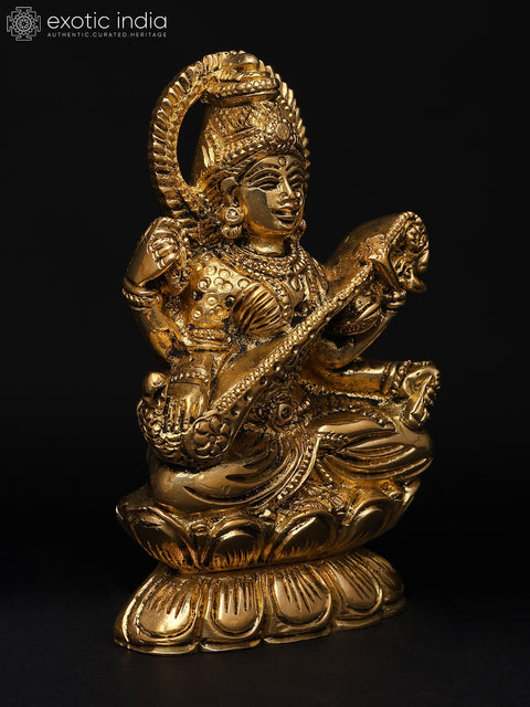 3" Small Goddess Saraswati – The Divine Muse of Knowledge | Brass Sculpture