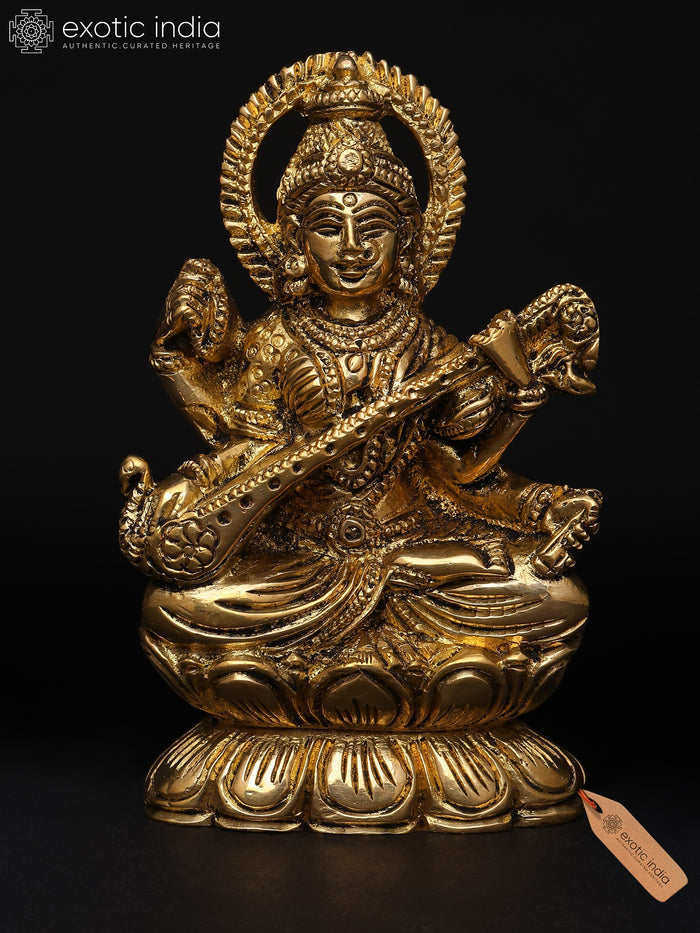 3" Small Goddess Saraswati – The Divine Muse of Knowledge | Brass Sculpture