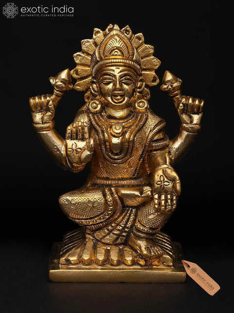 4" Small Four Armed Goddess Lakshmi Seated on Pedestal | Brass Idol