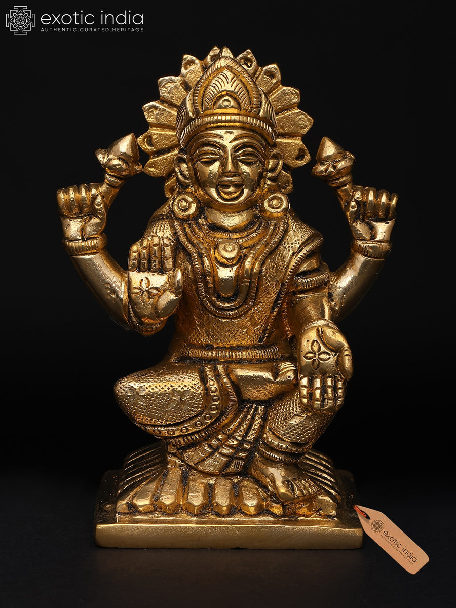 4" Four Armed Goddess Lakshmi Brass Idol on Pedestal
