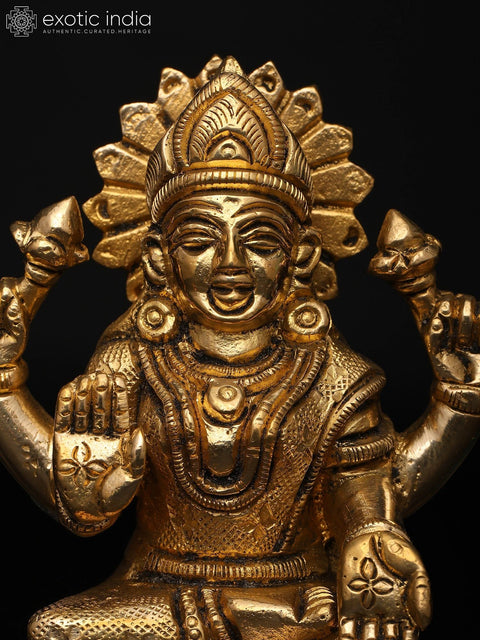 4" Small Four Armed Goddess Lakshmi Seated on Pedestal | Brass Idol
