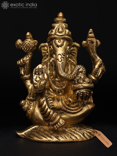 3" Small Chaturbhuja Ganesha Seated on Conch | Brass Sculpture