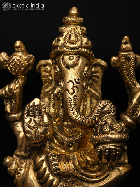 3" Small Chaturbhuja Ganesha Seated on Conch | Brass Sculpture