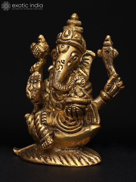 3" Small Chaturbhuja Ganesha Seated on Conch | Brass Sculpture