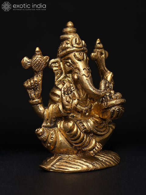 3" Small Chaturbhuja Ganesha Seated on Conch | Brass Sculpture