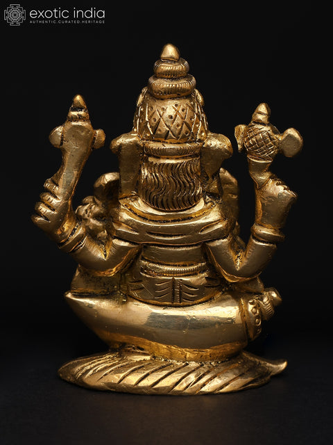 3" Small Chaturbhuja Ganesha Seated on Conch | Brass Sculpture