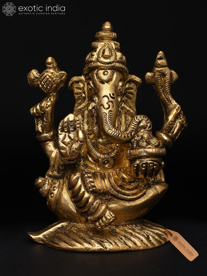 3" Small Chaturbhuja Ganesha Brass Idol Seated on Conch