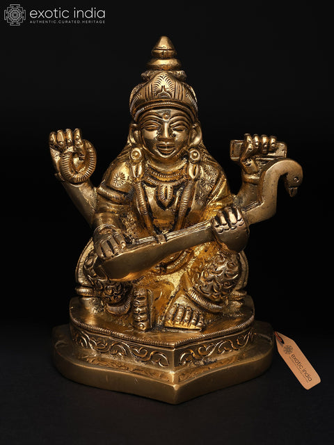 4" Small Goddess Saraswati – The Divine Source of Wisdom and Music | Brass Idol