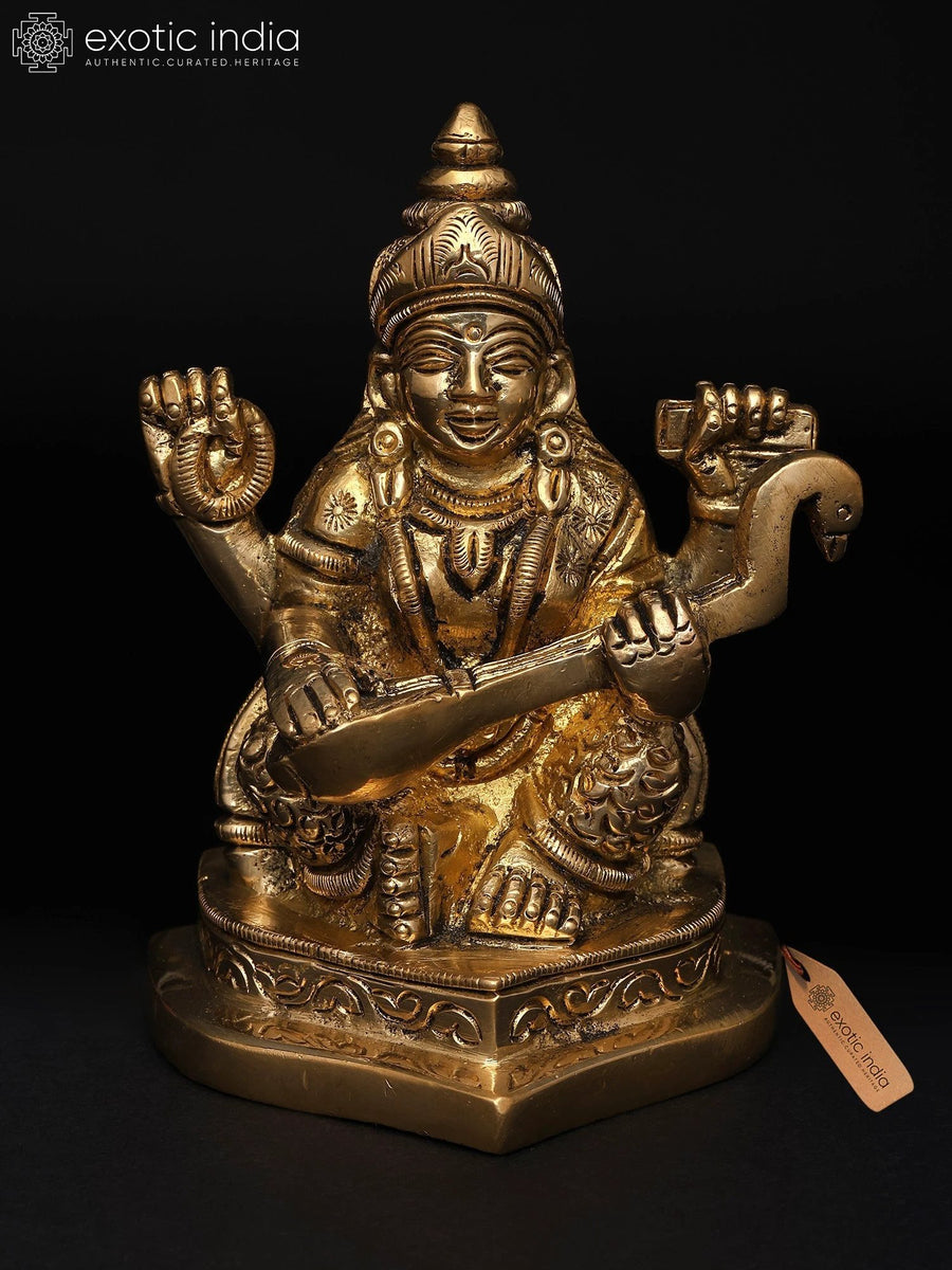 4" Goddess Saraswati Brass Idol for Pooja and Home Decor