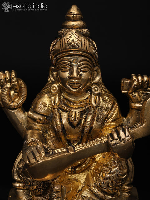 4" Small Goddess Saraswati – The Divine Source of Wisdom and Music | Brass Idol