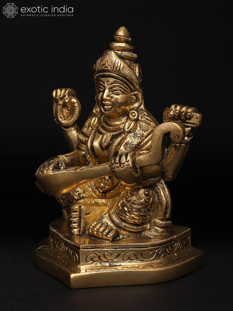 4" Small Goddess Saraswati – The Divine Source of Wisdom and Music | Brass Idol