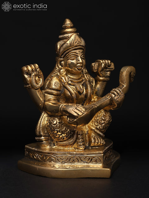 4" Small Goddess Saraswati – The Divine Source of Wisdom and Music | Brass Idol