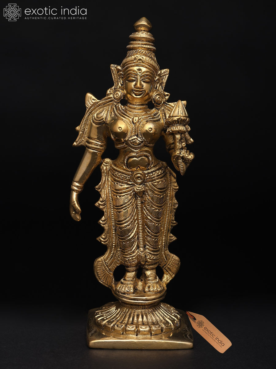 6" Brass Goddess Lakshmi Standing Idol with Lotus Pedestal