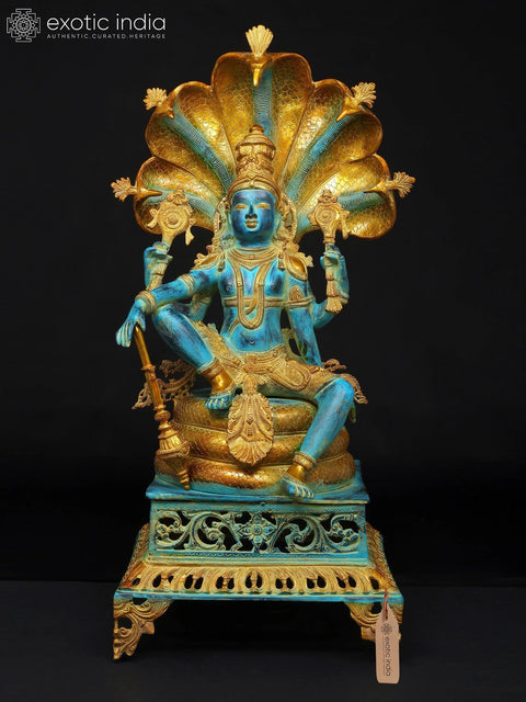 28" Blue and Gold Four Armed Lord Vishnu Seated on Sheshnag | Brass Statue