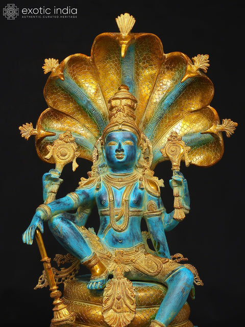 28" Blue and Gold Four Armed Lord Vishnu Seated on Sheshnag | Brass Statue