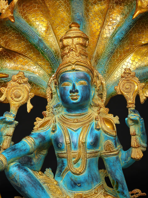 28" Blue and Gold Four Armed Lord Vishnu Seated on Sheshnag | Brass Statue