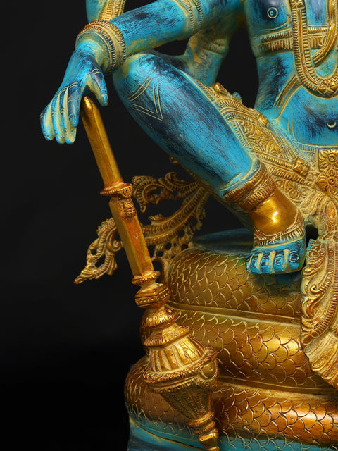 28" Blue and Gold Four Armed Lord Vishnu Seated on Sheshnag | Brass Statue
