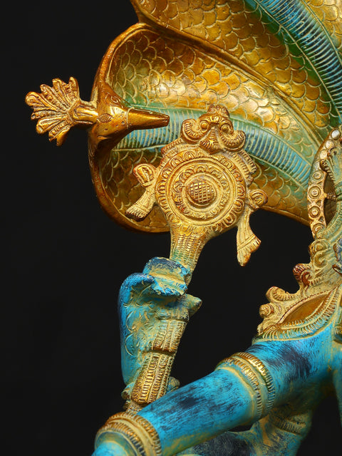 28" Blue and Gold Four Armed Lord Vishnu Seated on Sheshnag | Brass Statue