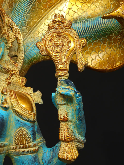 28" Blue and Gold Four Armed Lord Vishnu Seated on Sheshnag | Brass Statue