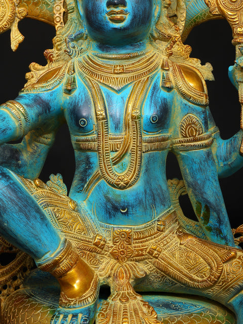 28" Blue and Gold Four Armed Lord Vishnu Seated on Sheshnag | Brass Statue