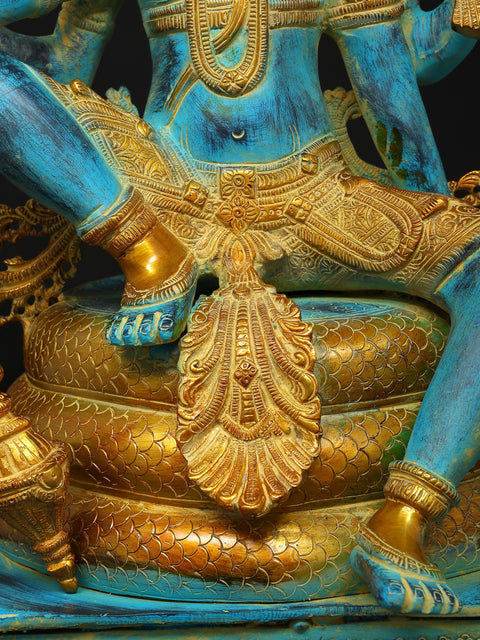 28" Blue and Gold Four Armed Lord Vishnu Seated on Sheshnag | Brass Statue