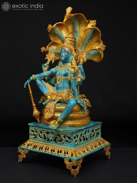 28" Blue and Gold Four Armed Lord Vishnu Seated on Sheshnag | Brass Statue