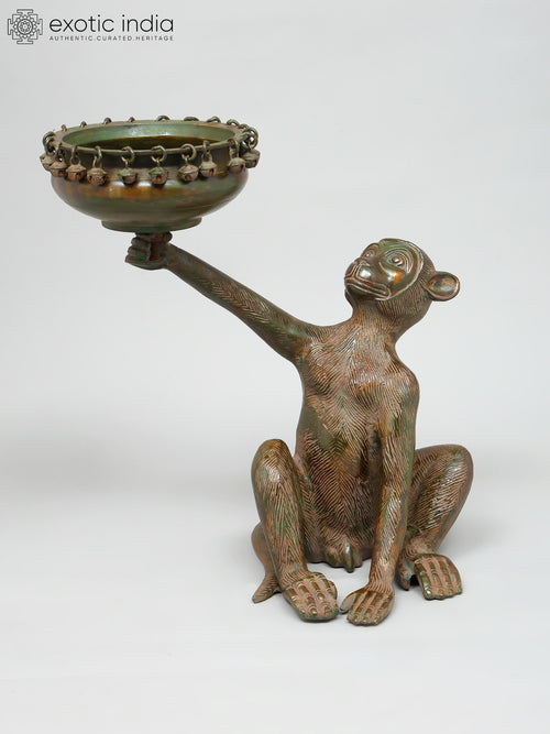 14" Handmade Brass Monkey Holding Urli Table Decor Statue
