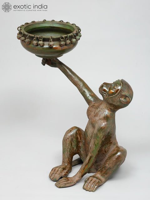 14" Decorative Brass Monkey Holding Urli | Table Decor