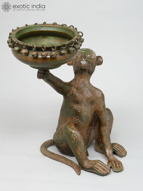 14" Decorative Brass Monkey Holding Urli | Table Decor