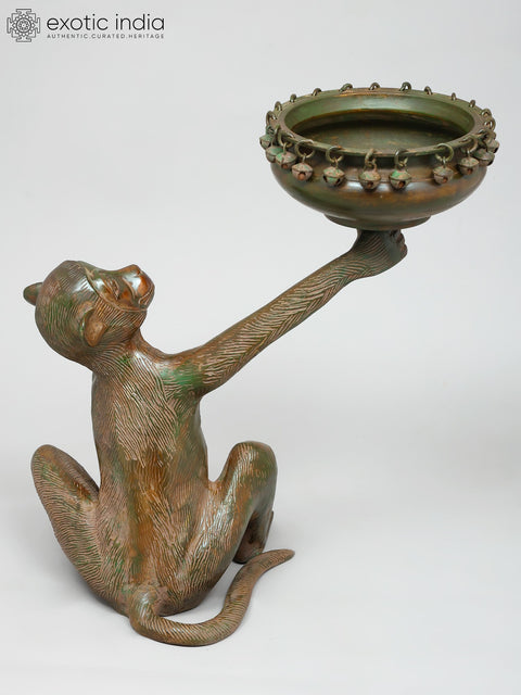 14" Decorative Brass Monkey Holding Urli | Table Decor
