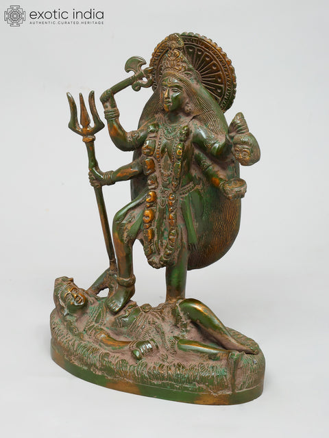 9" Four Armed Hindu Goddess Kali Standing on Lord Shiva | Brass Statue
