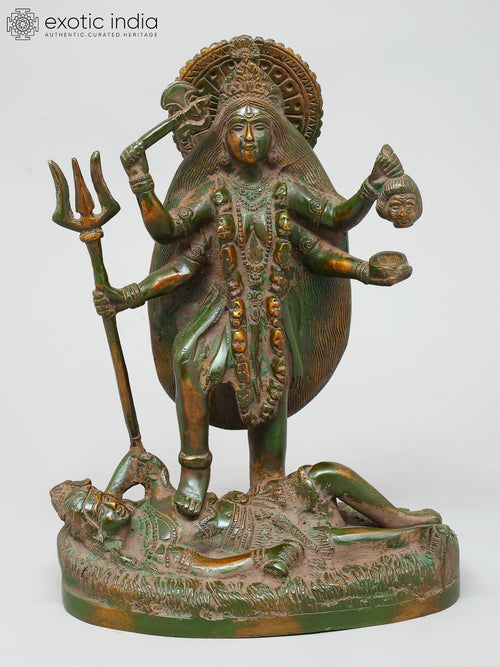 9" Four Armed Kali Standing on Shiva Brass Statue for Pooja