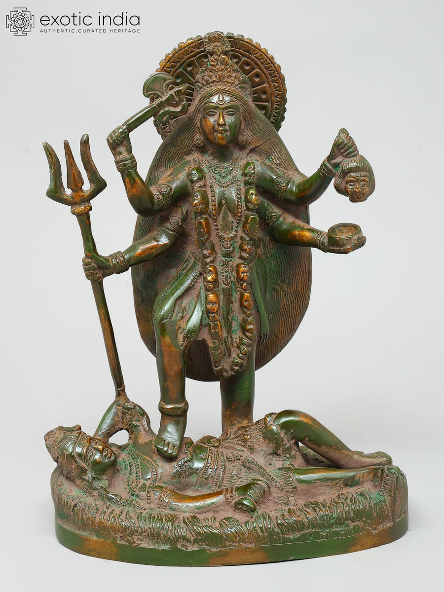 9" Four Armed Kali Standing on Shiva Brass Statue for Pooja