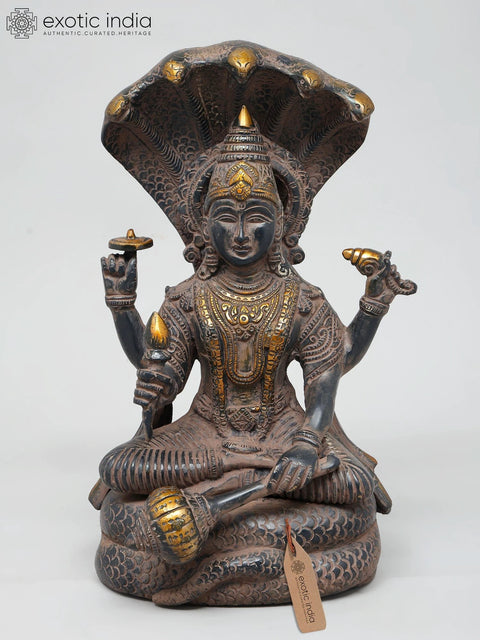 12" Four Armed Lord Vishnu Seated on Sheshnag | Brass Statue | Handmade | Made In India