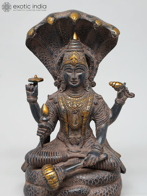 12" Four Armed Lord Vishnu Seated on Sheshnag | Brass Statue | Handmade | Made In India
