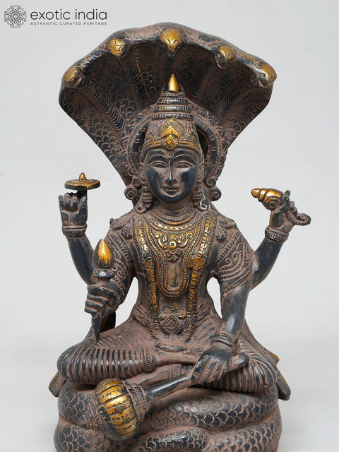 12" Four Armed Lord Vishnu Seated on Sheshnag | Brass Statue | Handmade | Made In India